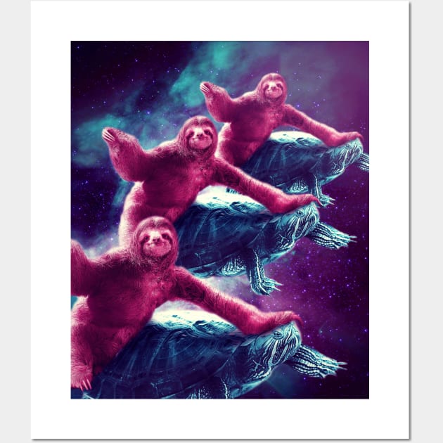 Crazy Funny Space Sloth Riding On Turtle Wall Art by Random Galaxy